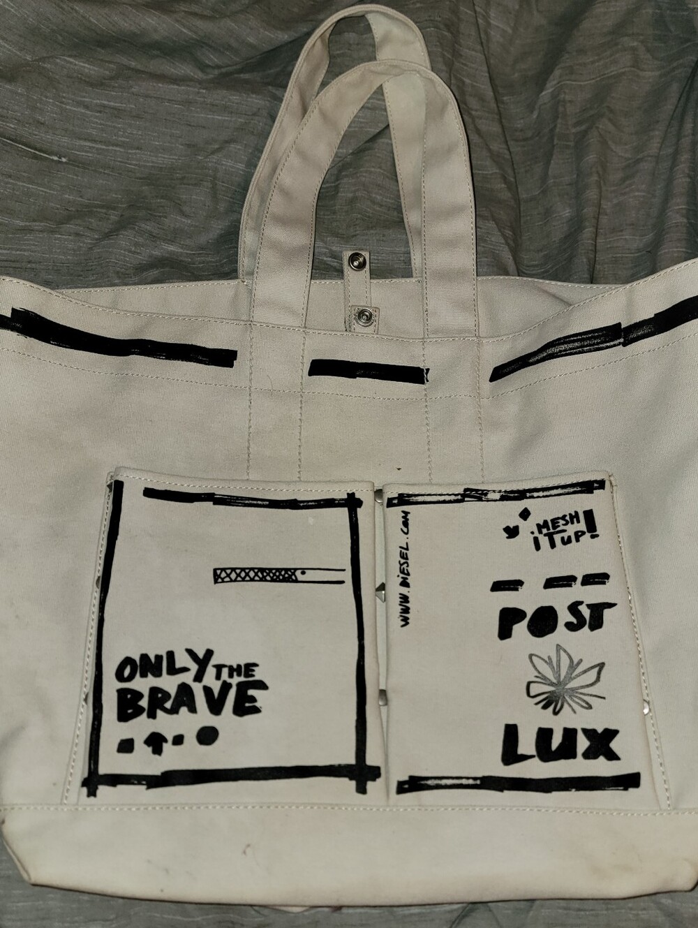 Diesel White Canvas Tote Bag Black Graphic Print